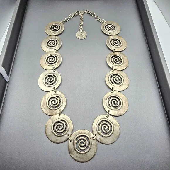 VTG Swirl Disc Medallion Statement Necklace 16" Antique Silver-Plate Adjustable - Picture 1 of 13